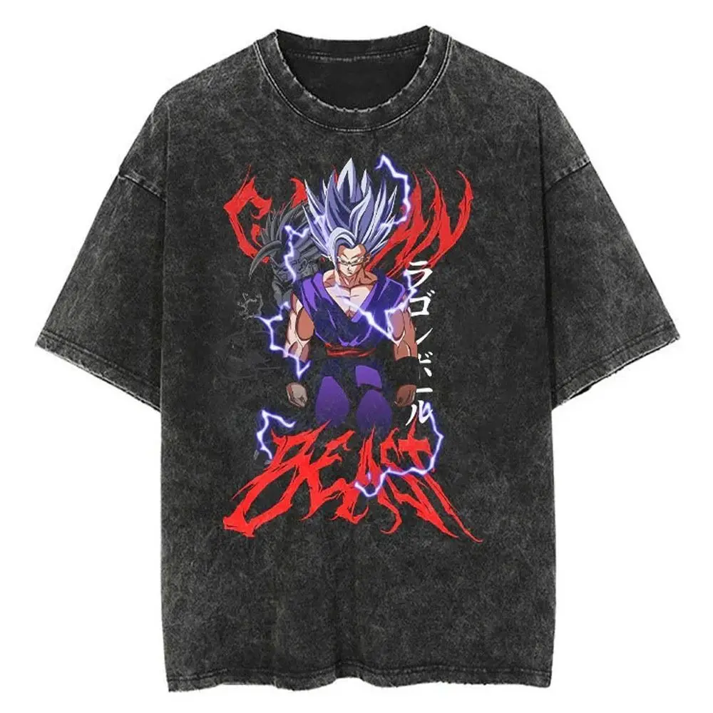 

Washed and Aged Short-sleeved Retro Anime Dragon Ball Goku Pure Cotton T-shirt, 2D Summer Wear for Students, Loose and Trendy