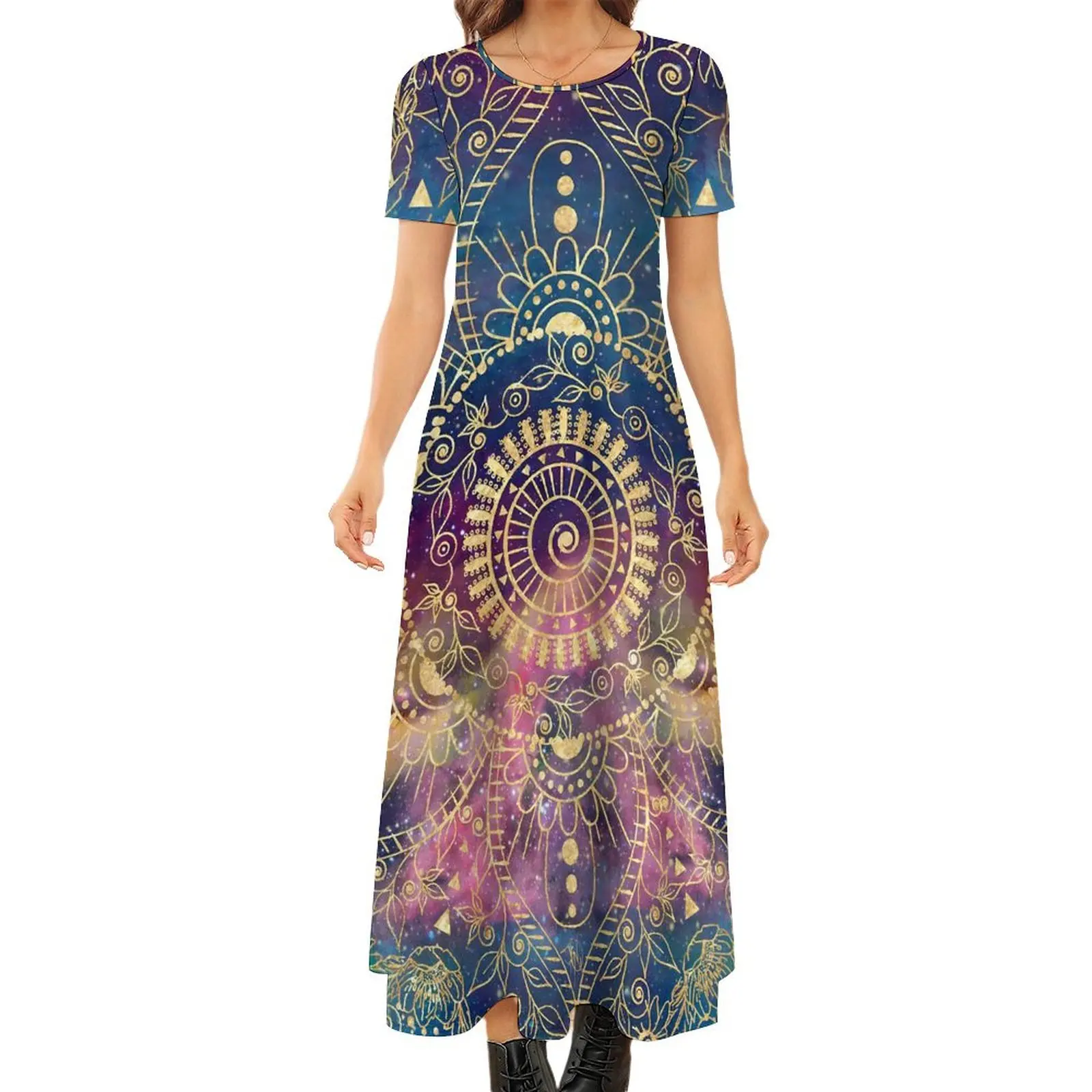 

Платье с мандалой Nebula, золотое акварельное цветочное уличное платье в богемном стиле, длинные платья, женское милое платье макси, подарок на день рождения