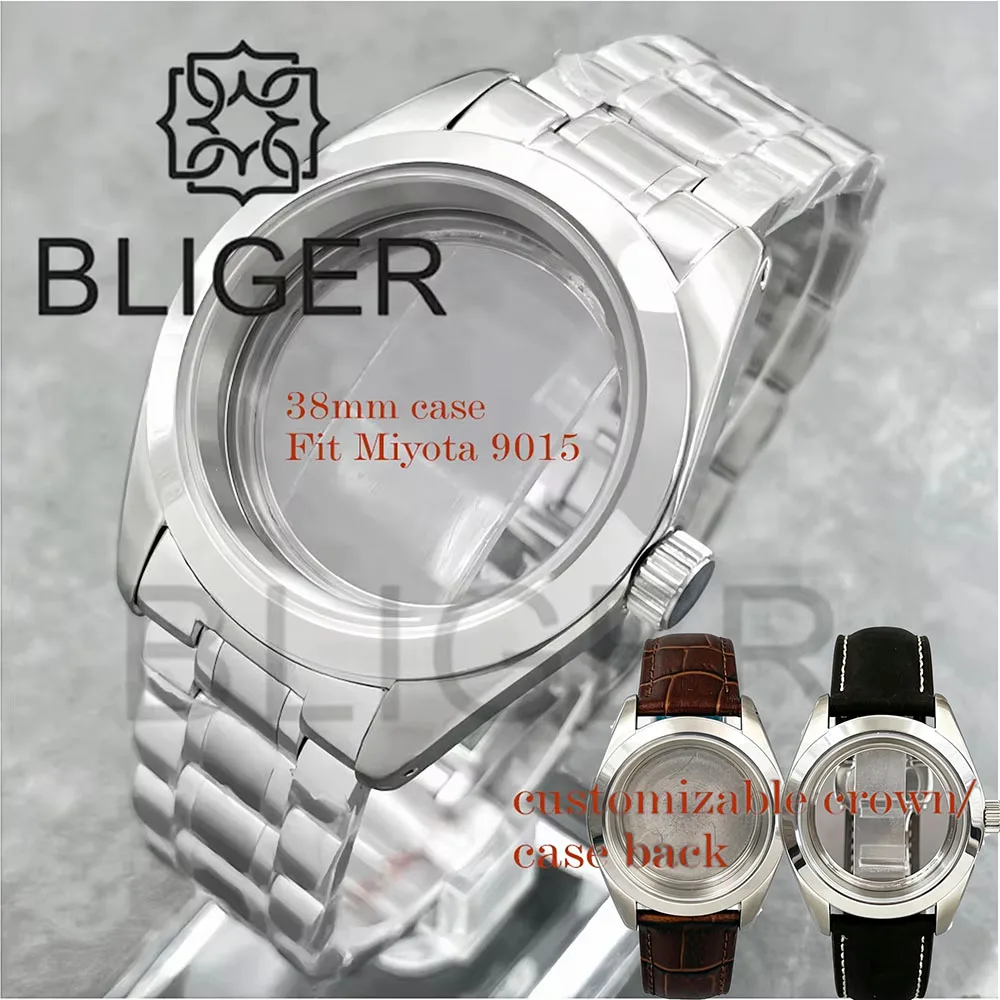 BLIGER Polished 38mm NH34 NH35 NH36 Miyota9015 Watch Case Sapphire Glass ETA2824 PT5000 Miyota8215 DG2813 Stainless Steel Strap