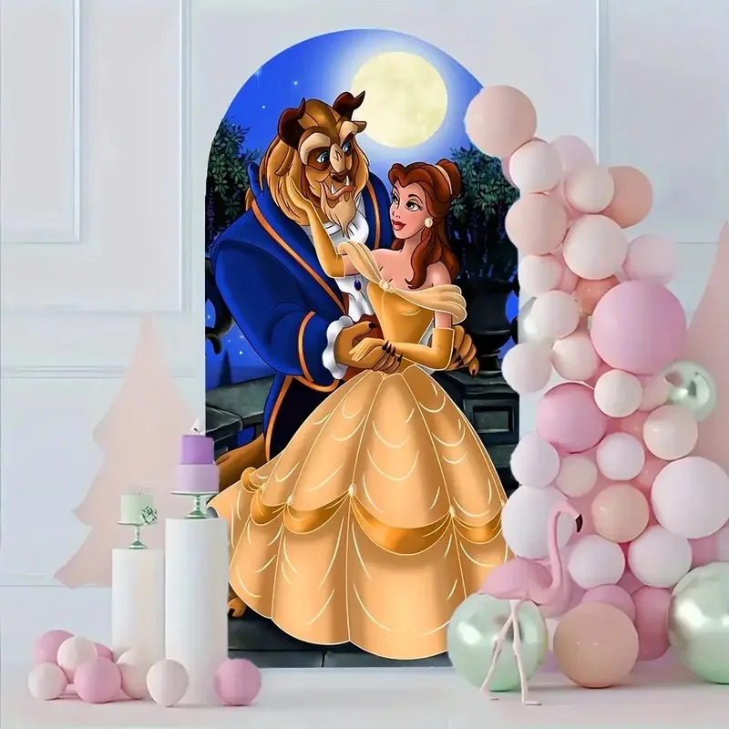 لافتة خلفية على شكل قوس للأميرة من Beauty and The Beast لأعياد ميلاد الفتاة #4