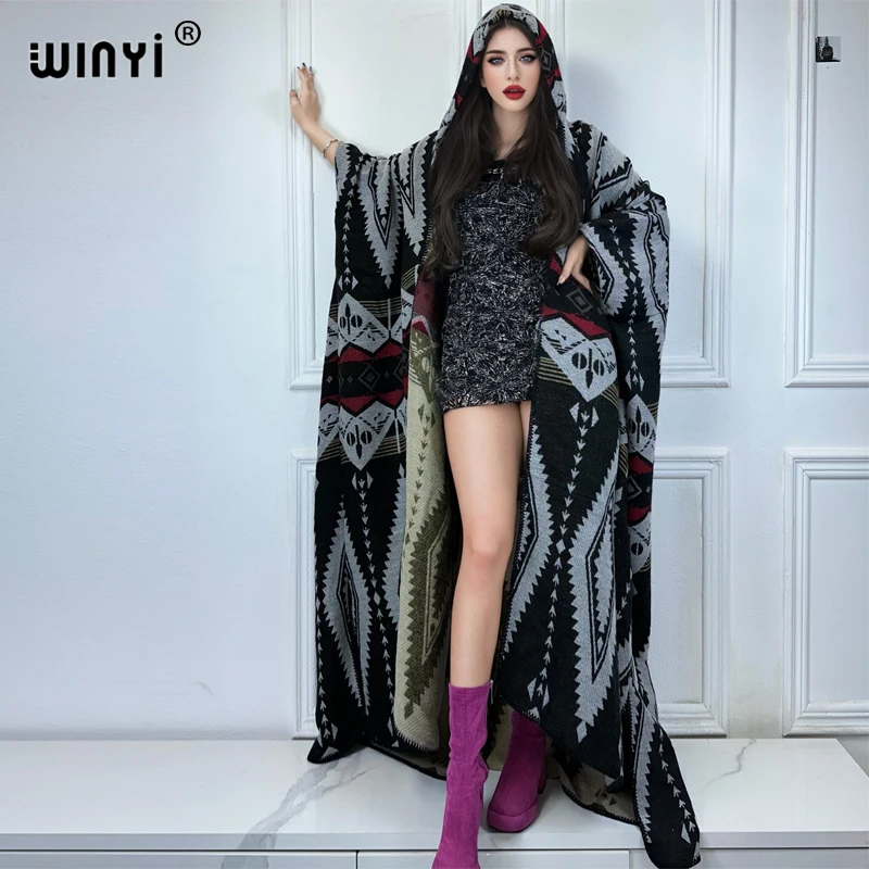 WINYI Winter African Hooded loose cardigan Female abaya outfits for women coat Open Front Kimonos long down poncho maxi dress