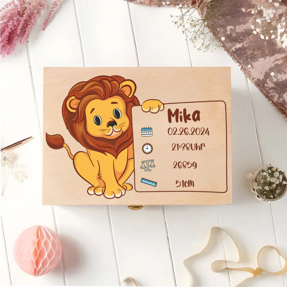 Personalized Memory Box Leo with Name for Storing Keepsake Baby Baptism Shower Gift Newborn Birth Stats Boxes Umbilical Cord Box