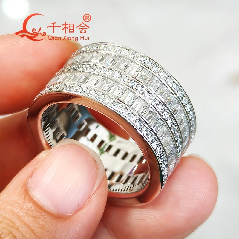 Men's 925 Sterling Silver Full Moissanite Ring, 13MM Bold Wide Band with Multi-Row Baguette Cut Stones Unique Statement Ring