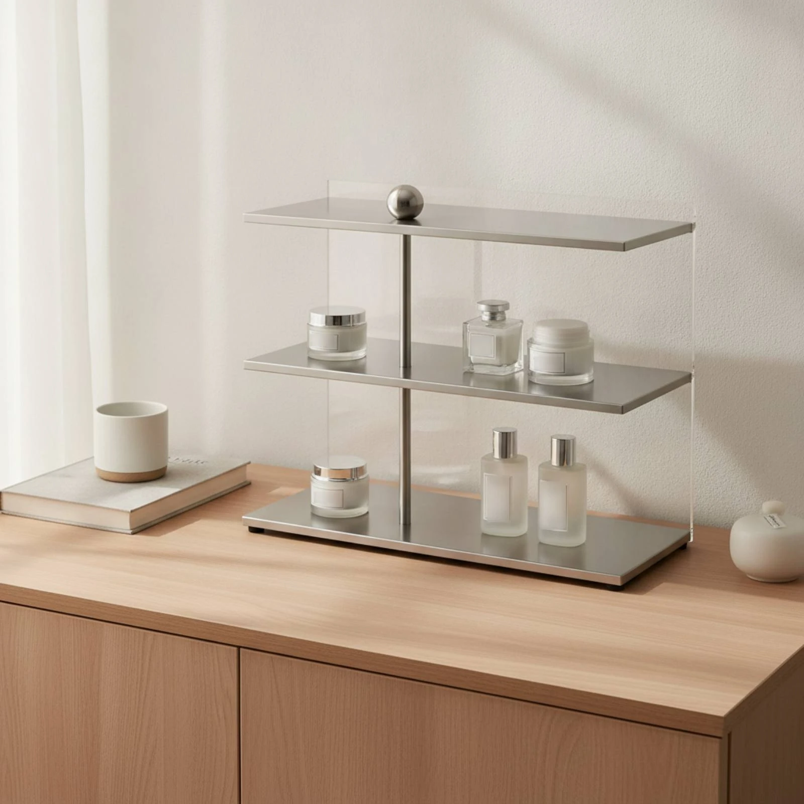 Countertop Storage Rack Minimalist Three-Tier Rack with Acrylic Panels Tabletop Organizer Space-Saving Acrylic Riser Stylish