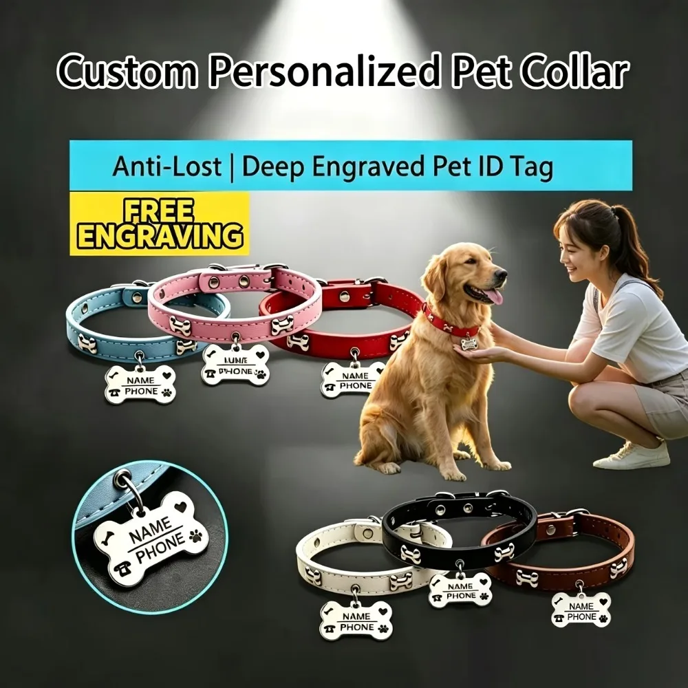 Custom Dog Anti-Lost Pet Collar With Free Engraved ID Tag Adjustable For Small Medium Dogs Cats