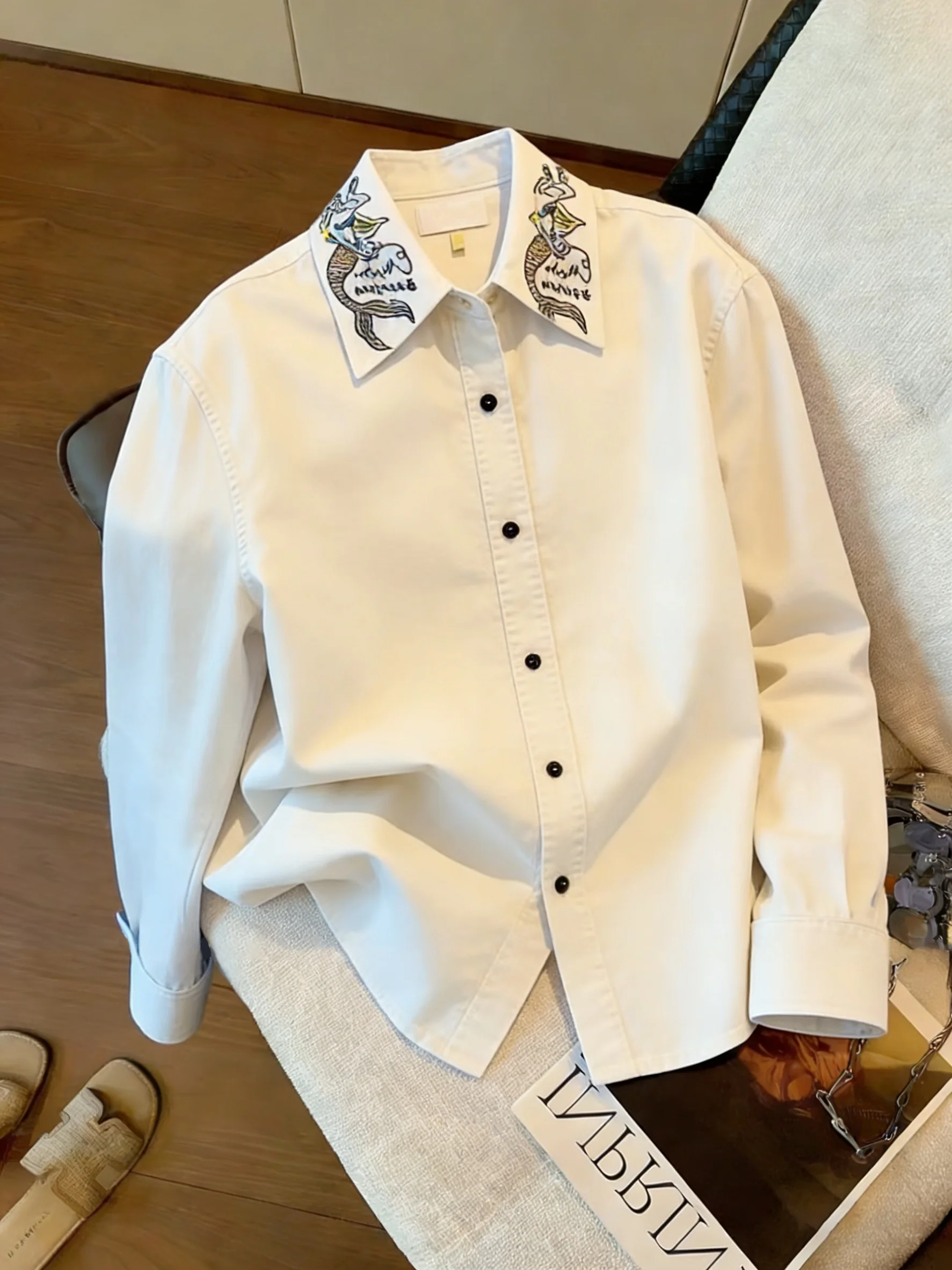 

Белая женская рубашка с вышивкой и длинным рукавом, повседневная, универсальная, для работы, весна-осень