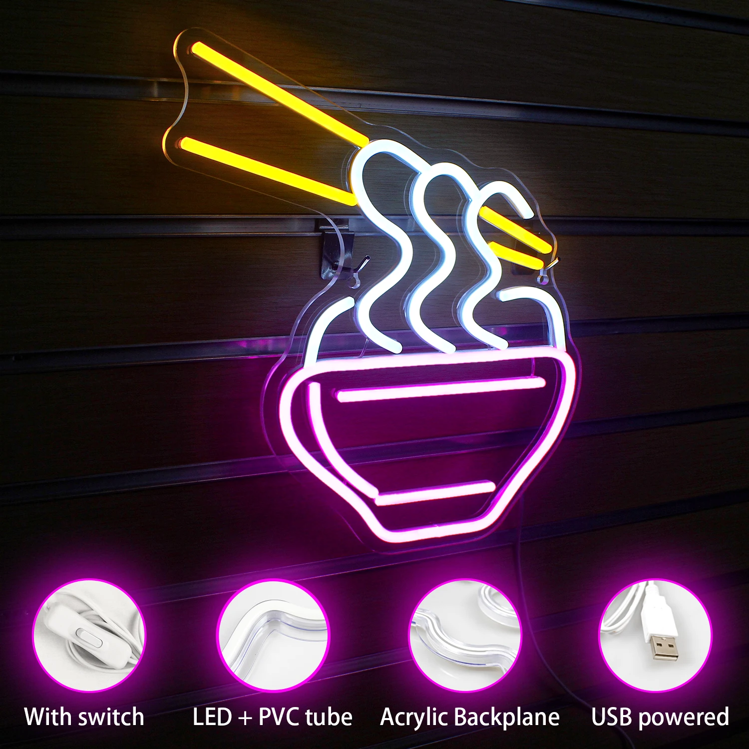 Imagem -04 - Ramen Neon Sign For Wall Decor Acrílico Usb Powered Luzes Led Home Party Noodles Comida Loja Item de Decoração do Quarto Art Lamp Logotipo