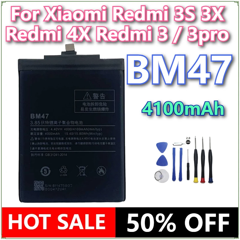 

Brand New BM47 4100mAh Mobile Phone Battery For Xiaomi Redmi 3S 3X Redmi 4X Redmi 3 / 3pro BM47 Replacement Batteries +Tools
