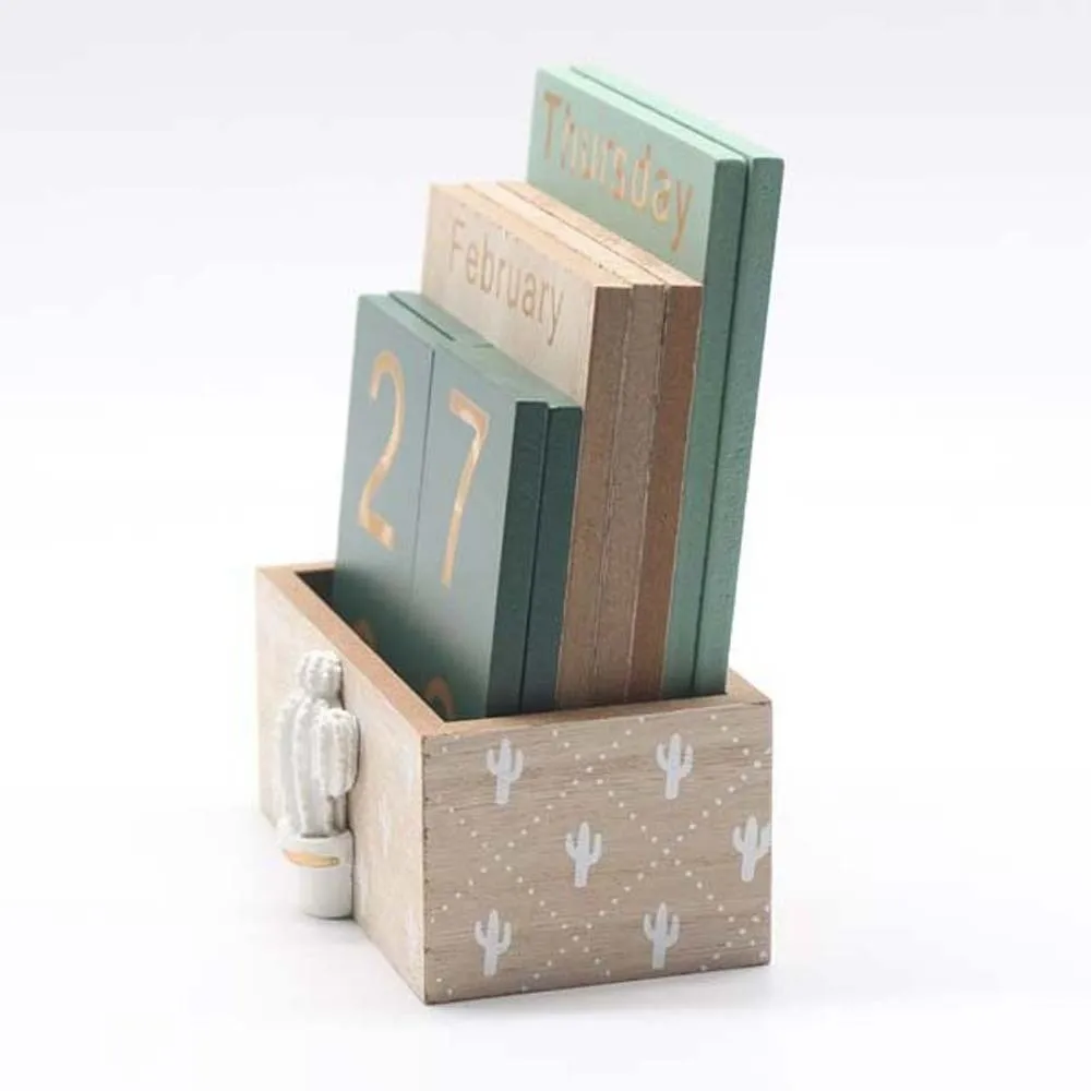 

Эстетический деревянный вечный календарь кактус ручной настольный календарь орнамент украшение дома многоразовый орнамент для отображения даты офис