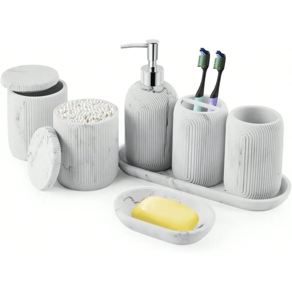 

7-Piece Resin Bathroom Set, Toothbrush Holders Set, Soap Dispenser, Qtip Holder Dispenser, Tumbler, S