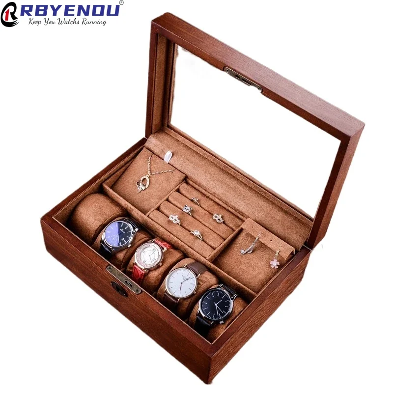 For Watch Natural Wood Watch Box Lock Bracelet Necklace Cufflink Ring Jewelry Doublelayer Storage BoxCustomCustomizable Logo OEM