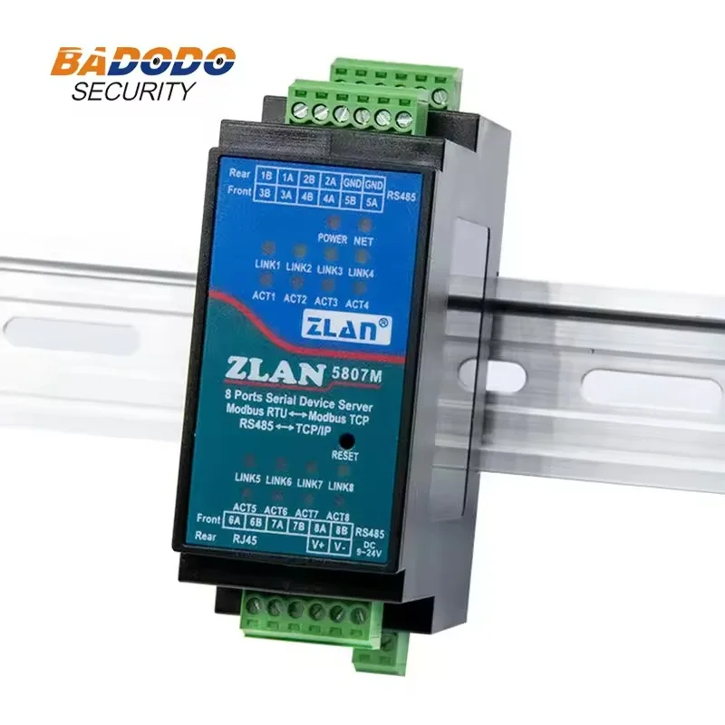 8-Port Serial Server (ZLAN Type) | RS485 to Ethernet Gateway with Modbus RTU/TCP, MQTT, JSON | DIN Rail Mount