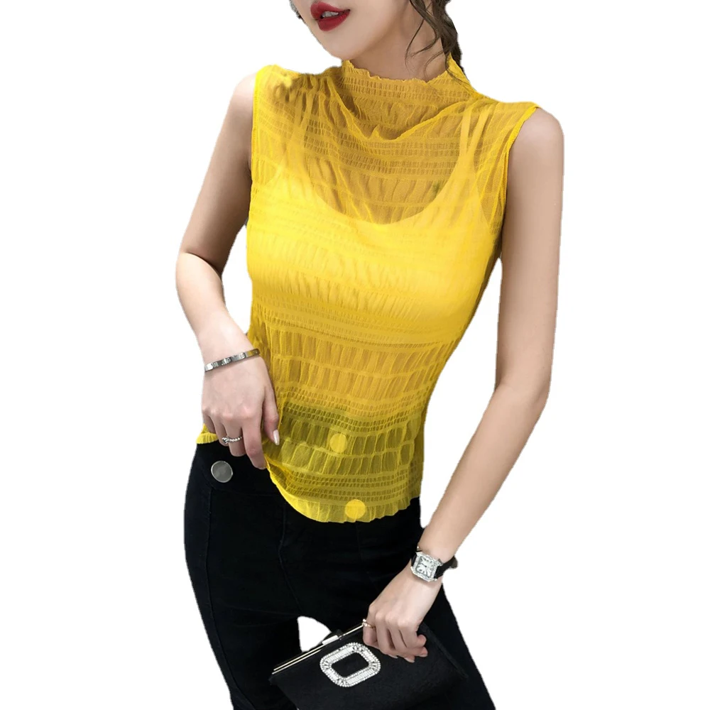 

New Women Perspective Short T-shirt Sexy Wave Edge High Collar T Shirt Woman Summer Stand Collar Chiffon Sleeveless Vest Tops