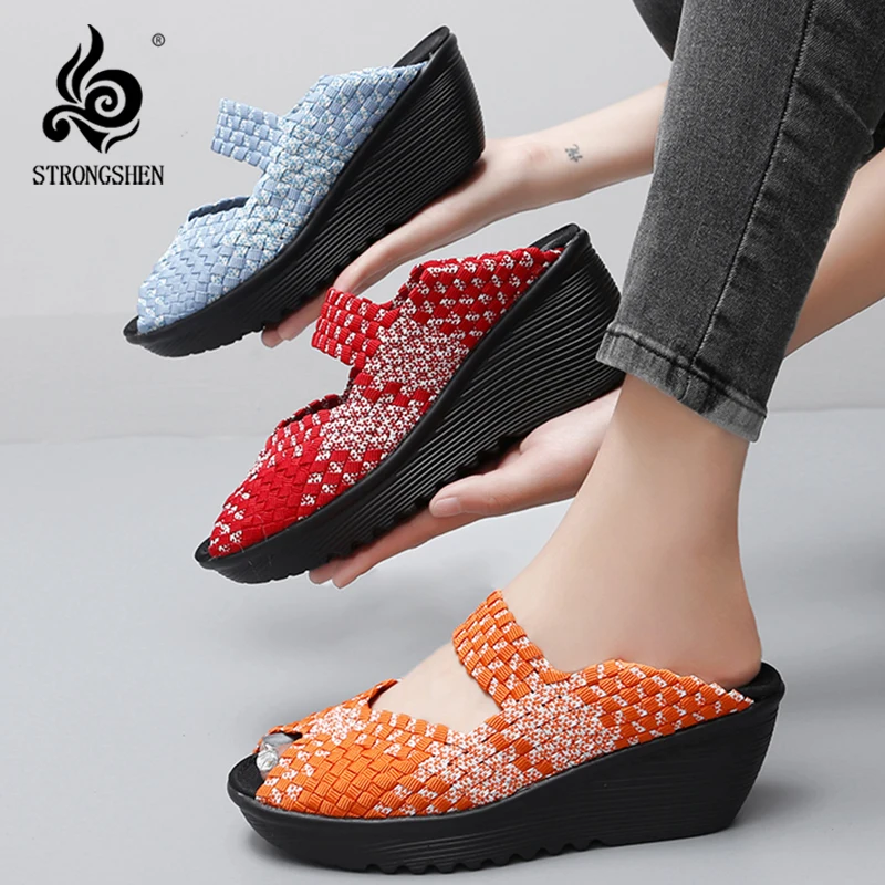 STRONGSHEN Women Handmade Woven Shoes Summer Wedge Heels Sandals Women Casual  Shoes Breathable Sneakers Slip On Zapatos Mujer