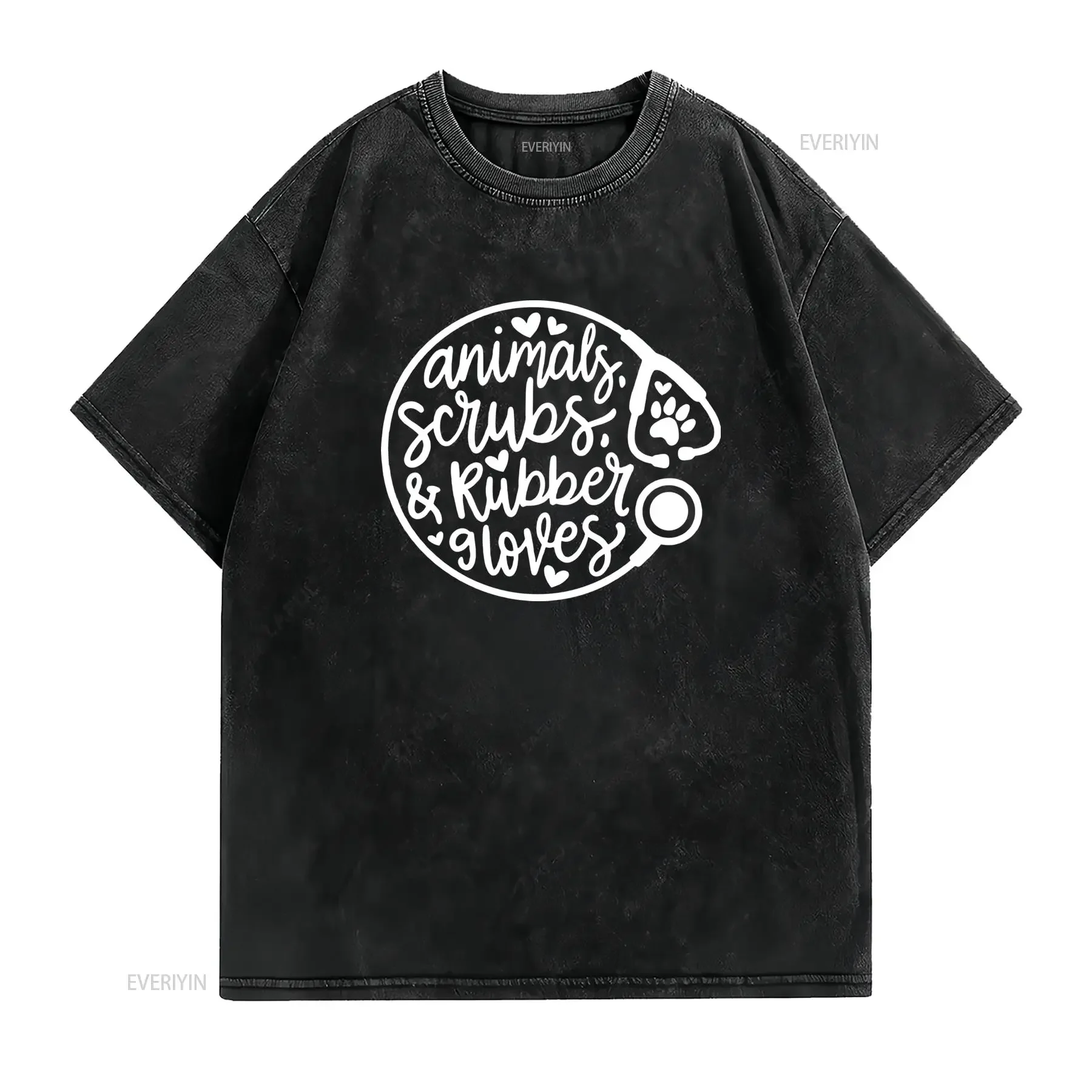 Funny Veterinary Animals Scrubs Rubber Gloves Line Art Print Casual T Shirt vintage Washed Slightly fashion Unisex Breathable