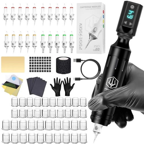 Imagen 2 del producto Kit de tatuaje POSEIDON V6, Kit de pluma de tatuaje negra para maquillaje permanente, Kit de máquina de tatuaje, fuente de alimentación inalámbrica para tatuaje, Kit de pistola de tatuaje