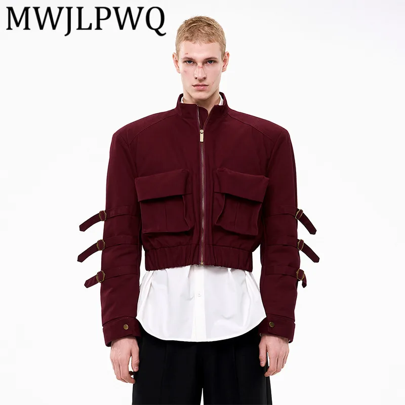 

MWJLPWQ Черная мужская куртка на шнуровке с боковым дизайном с короткой подкладкой и воротником-стойкой, зимнее осенне-зимнее пальто с несколькими карманами Niched 12338