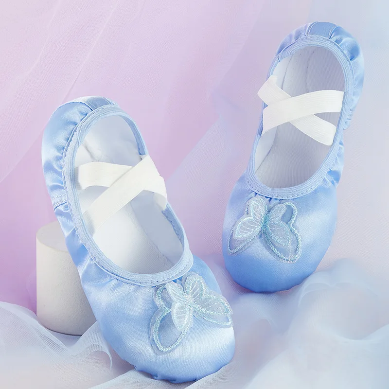 New Children\'s Ballet Shoe Girls\' Soft-soled Practice Dancing Princess Satin Embroidered Butterfly Shape Training Shoes