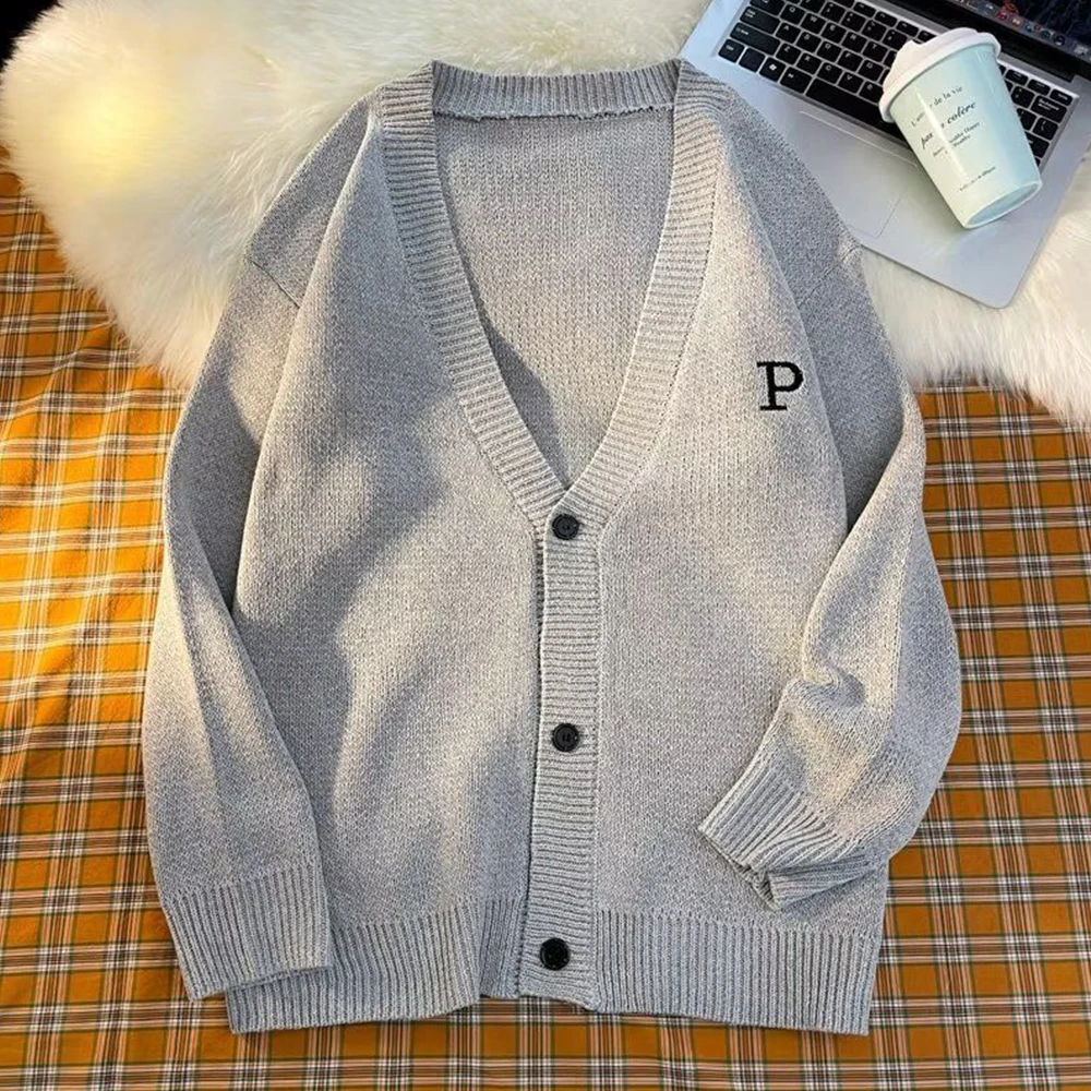 

Sweater Cardigan Man Letter Embroidery Knitwear Coat 2023 Autumn Solid Color Cardigan Vintage Long Sleeve Knit Oversized Sweater