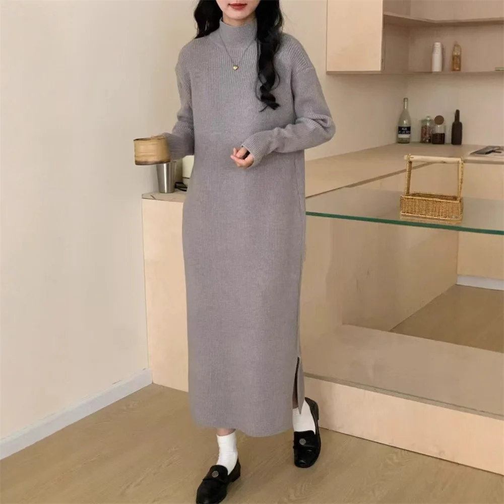 Estilo coreano cor sólida versátil meia gola alta vestido de malha para mulheres inverno solto ajuste camada interna vestido camisola quente