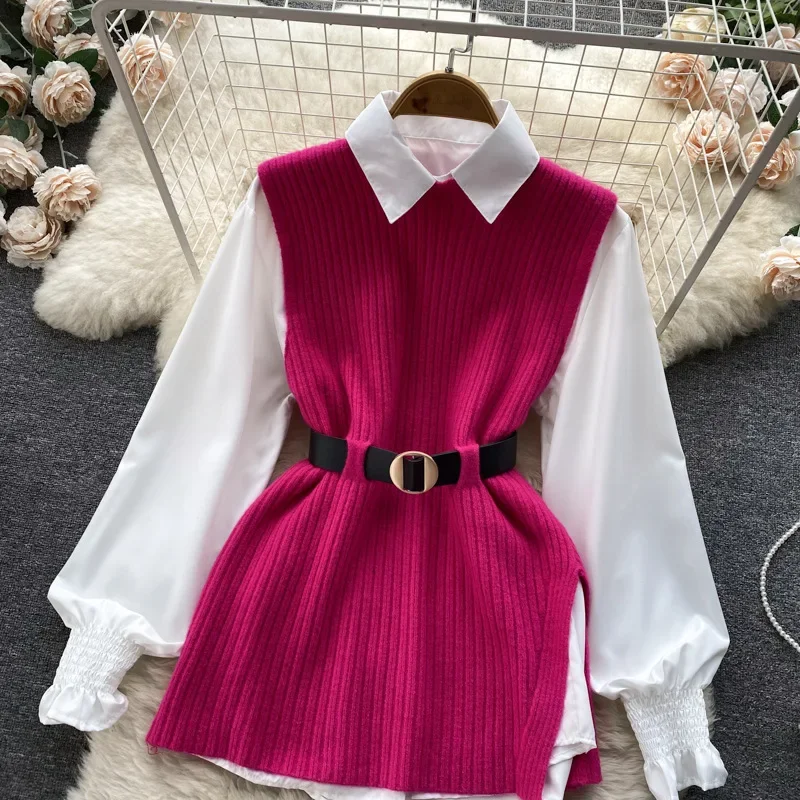 เสื้อกั๊กถักแฟชั่นและเสื้อเชิ้ต ชุดสองชิ้นสำหรับผู้หญิง เสื้อเชิ้ตแขนยาวคอปกโปโล เสื้อกั๊กยาวปานกลางสำหรับผู้หญิง ฤดูใบไม้ผลิ ฤดูใบไม้ร่วง