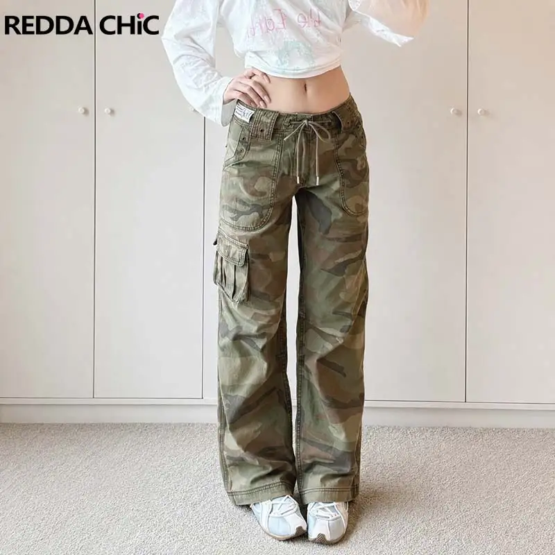 ReddaChic Women Straight Camouflage Trousers Vintage Wide Leg Low Rise Straight Drawstring Cargo Joggers Boyfriend Streetwear