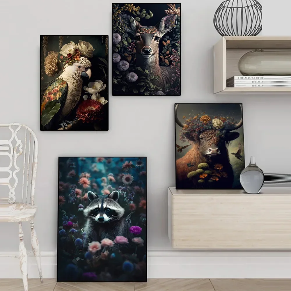 Lion Tiger Elephant Poster Prints Wall Art Picture Boho Flower Abstract Animal Canvas Painting for Modern Living Room Home Decor