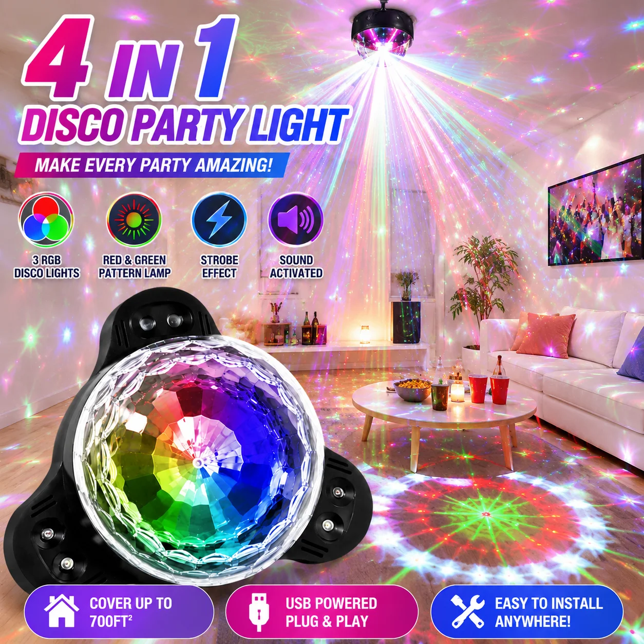 4-in-1 RGB Disco Party Light with Remote Control, Music Sync LED DJ Stage Light, Colorful Dance Lights for Birthday Party, Home view 5