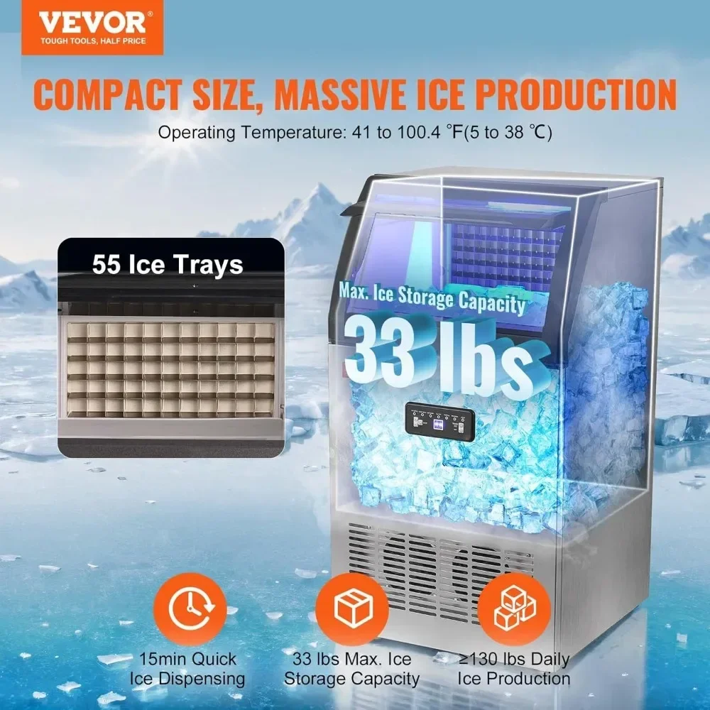 Máquina LED Ice Maker, 33lbs Capacidade de Armazenamento, 55 Cubos de Gelo em 12-15 Minutos, 130lbs, 24H