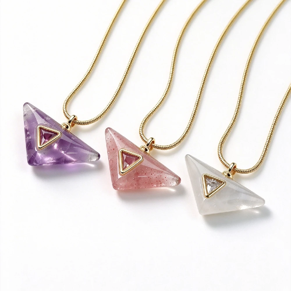 1PC Polished Triangular Natural Mineral Stone Necklace With Tiny Crystal Inlay Modern Trendy Neck Jewelry Golden Plated N2C1114