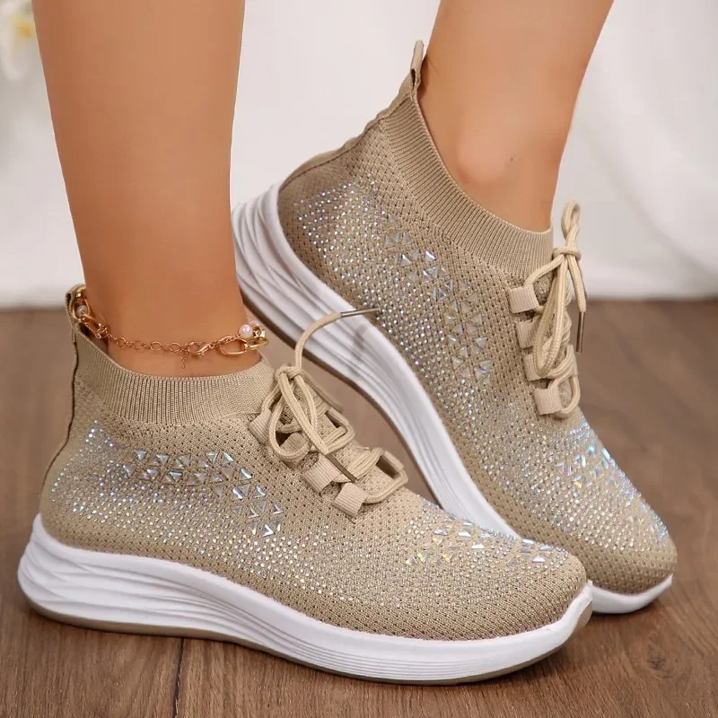 Spring and Autumn Fashion Women's Shoes 2024 High Quality Solid Color Round Toe Low Top Rhinestone Lace Up Women's Sports Shoes