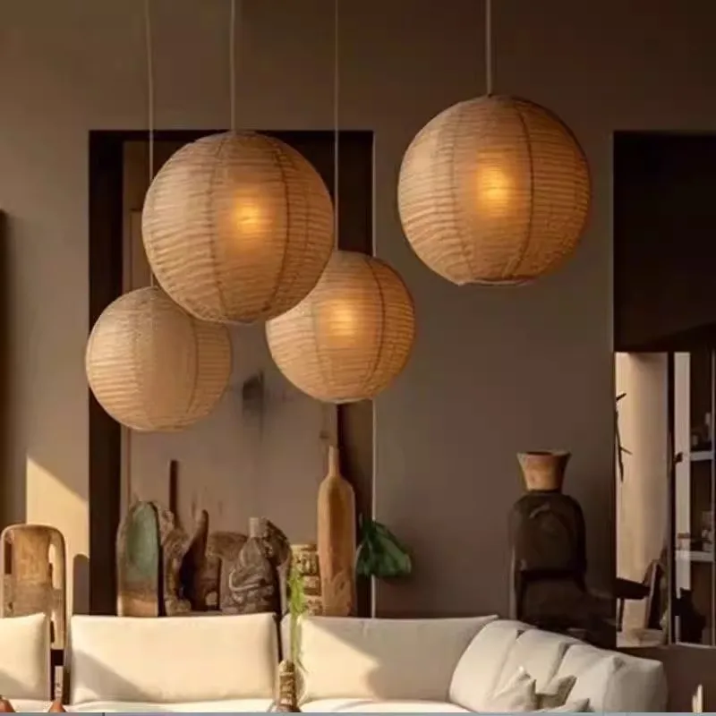 

Japanese Wabi Sabi style retro spherical Nordic linen fabric restaurant bedroom living room restaurant artistic chandelier