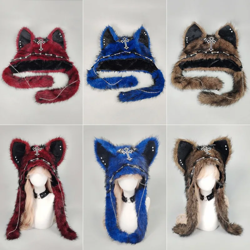 Gothic Plush Wolf Ear Hat Punk Faux Fur Ushanka Metal Chains Cross Detail Beanie Rock Style Warm Hat Girls Dark Aesthetic Y2K view 6