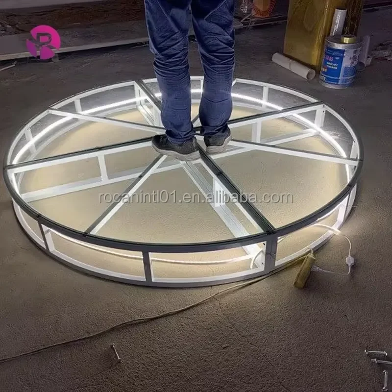 8ft Round Stage Circle Dance Floor Ceremony Events Glass Stage with Starry Light Flower Decoration for Wedding Party