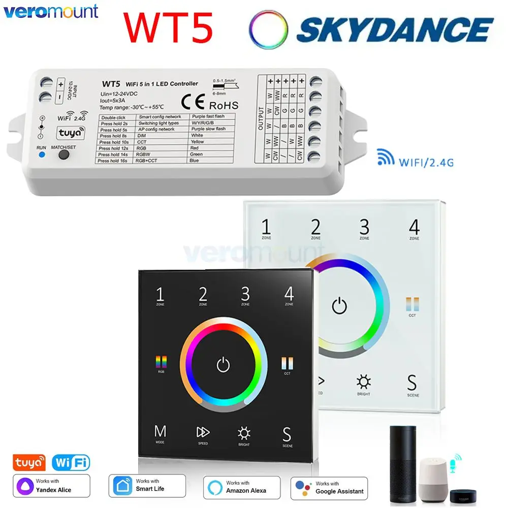WT5 WiFi RGBCCT LED Controller DC12V 24V DIM CCT RGB RGBW Strip Wall Mount Touch Panel Control Tuya APP Echo Plus Voice Control