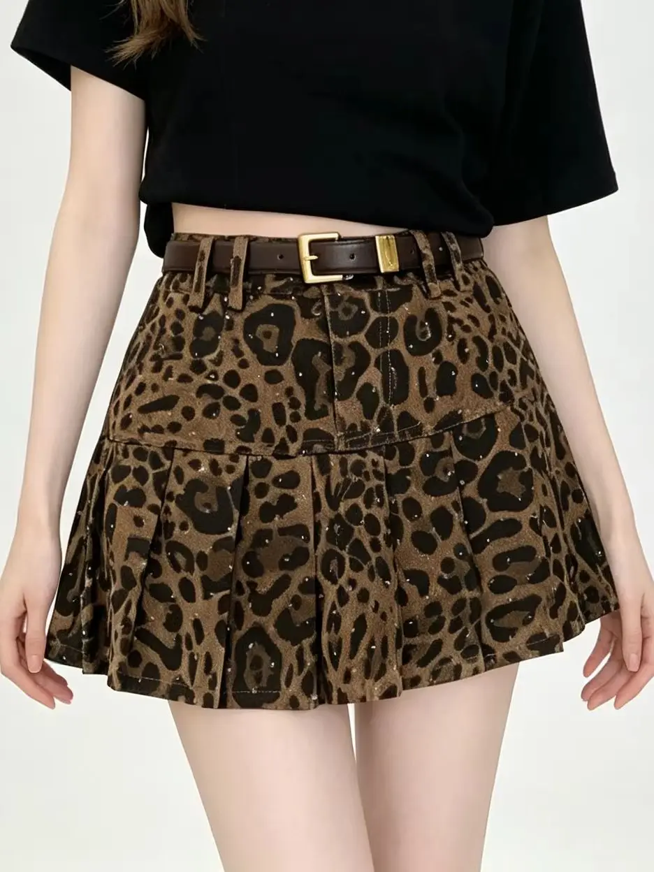 Women's Leopard Print Denim Mini Skirt Y2K American Harajuku High Street 2000S Retro School A-Line Short Skirt Fashion Clothing