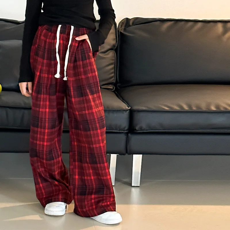 

Girls Pants Vintage Red Plaid 2023 Fall New Childrens American Style Spice Girls Wide Leghigh Waist Straight Causal Long Pants