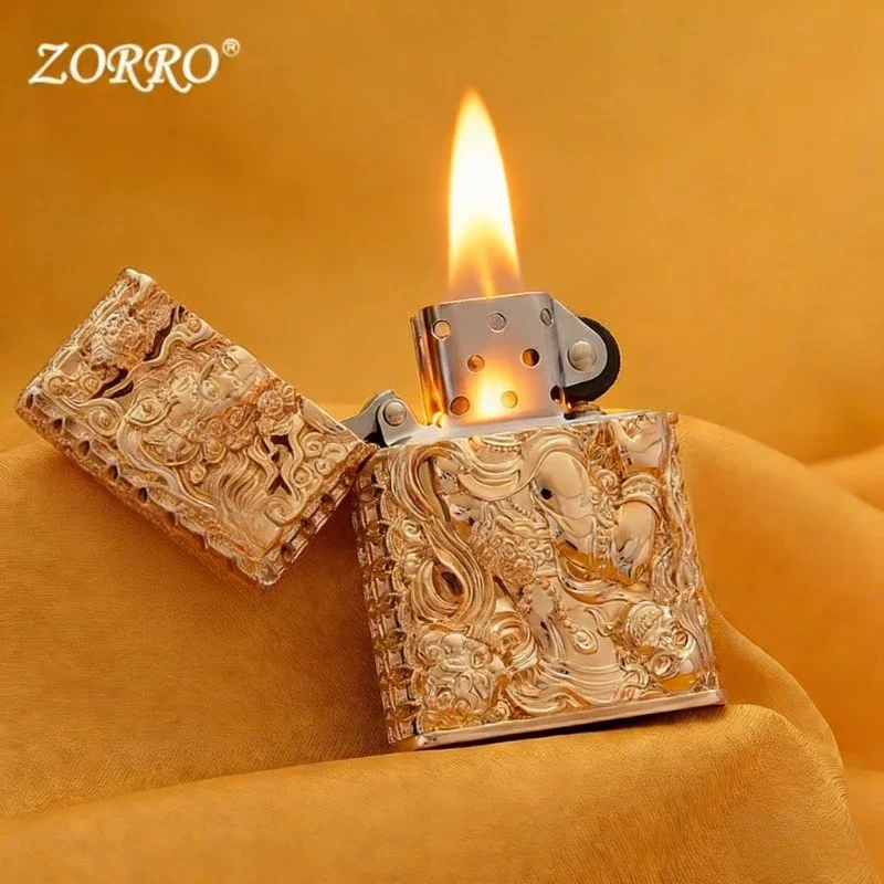 Zorro Retro Embossed Gold and Silver Kerosine Lighter, Men's Genuine Heavy Armor Windproof Personalized Gift for Boyfriend
