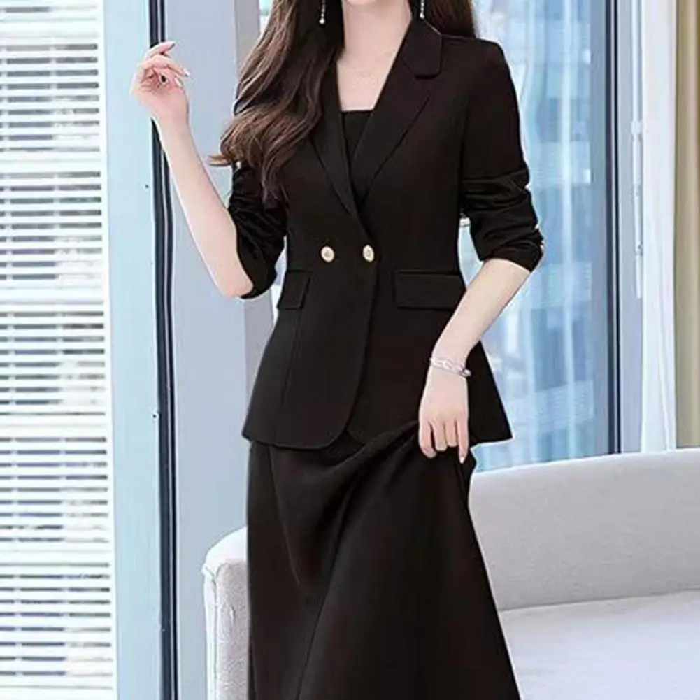 2 Pcs/Set Women Coat Pants Suit OL Commute Turn-down Collar Long Sleeves Suit Coat A-line Sleeveless Strappy Dress Formal Outfit