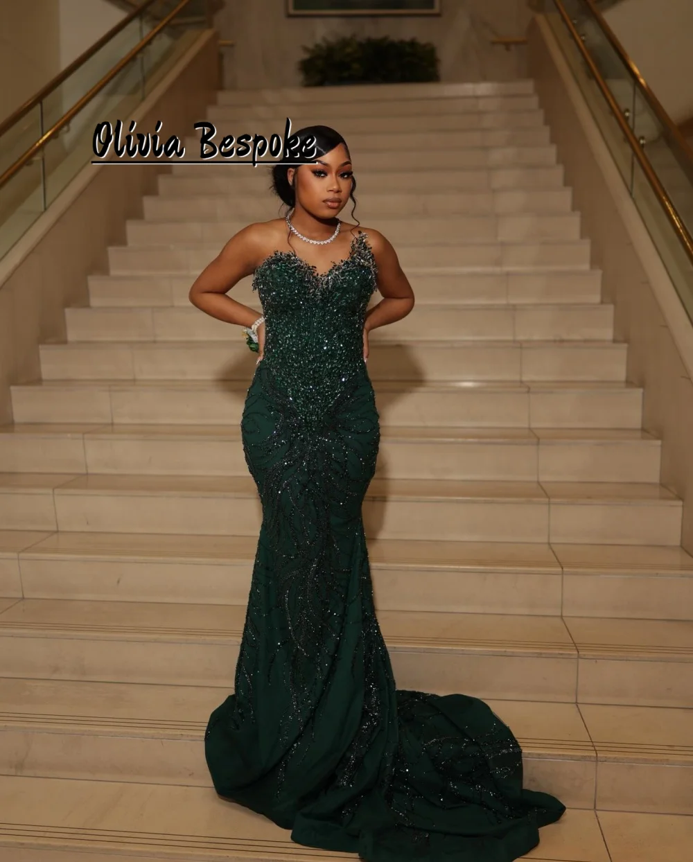 

Dark Green Mermaid Prom Dresses Beading Diamonds Pearls Wedding Reception Gown Birthday Dress Vestidos De Noche Customized