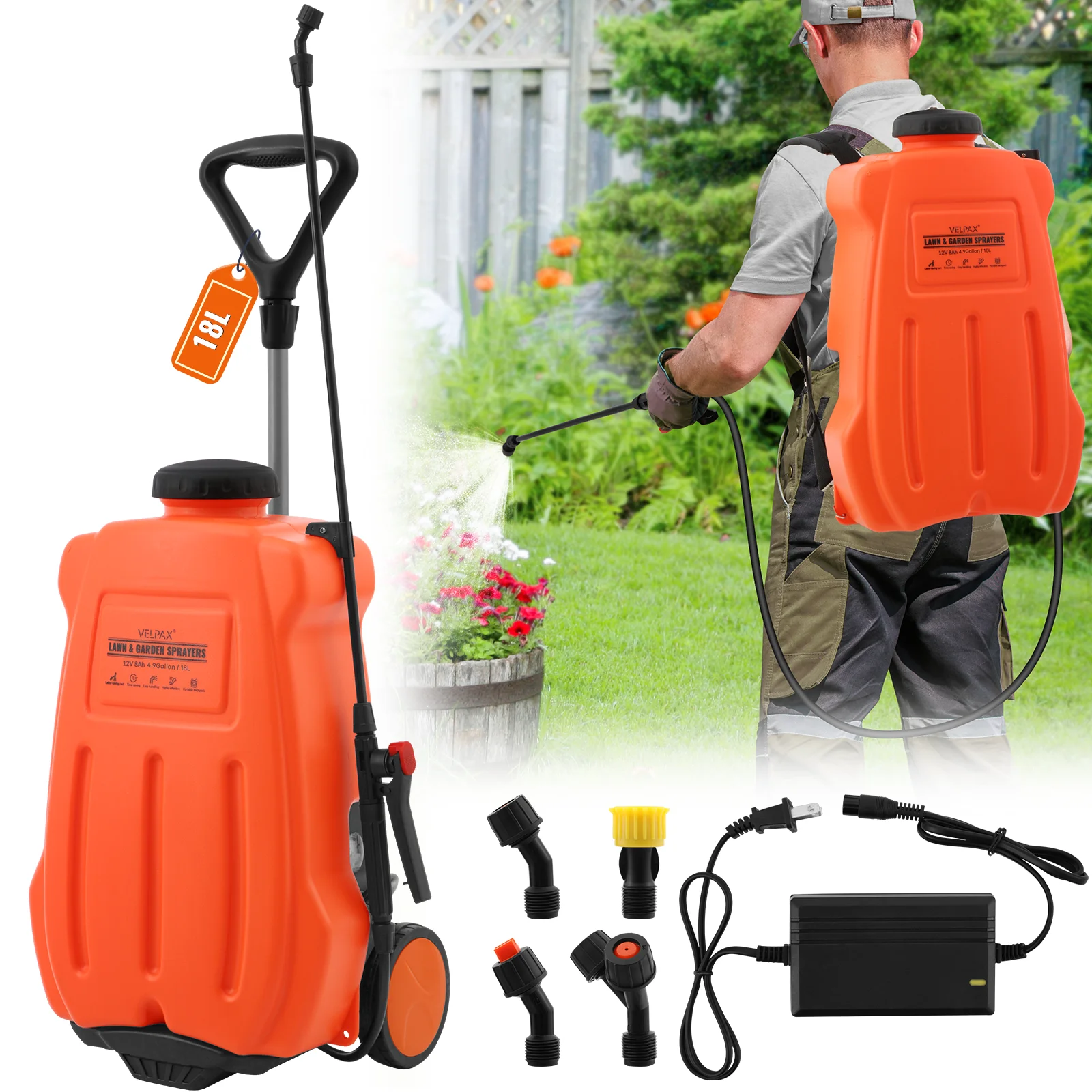 Pulvérisateur à dos électrique 18L/20L avec chariot à roulettes amovible, pulvérisateur électrique à pression réglable avec 4 buses, machine de pulvérisation rechargeable pour l'irrigation et le nettoyage des jardins, pelouses, fermes et plantes