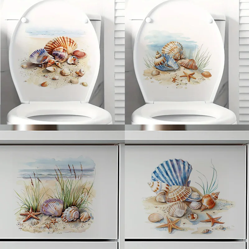 Watercolor Seashells 2 Self-Adhesive Toilet Stickers,Wall Decal Removable, Reusable Vinyl Car Sticker for Bathroom Decor