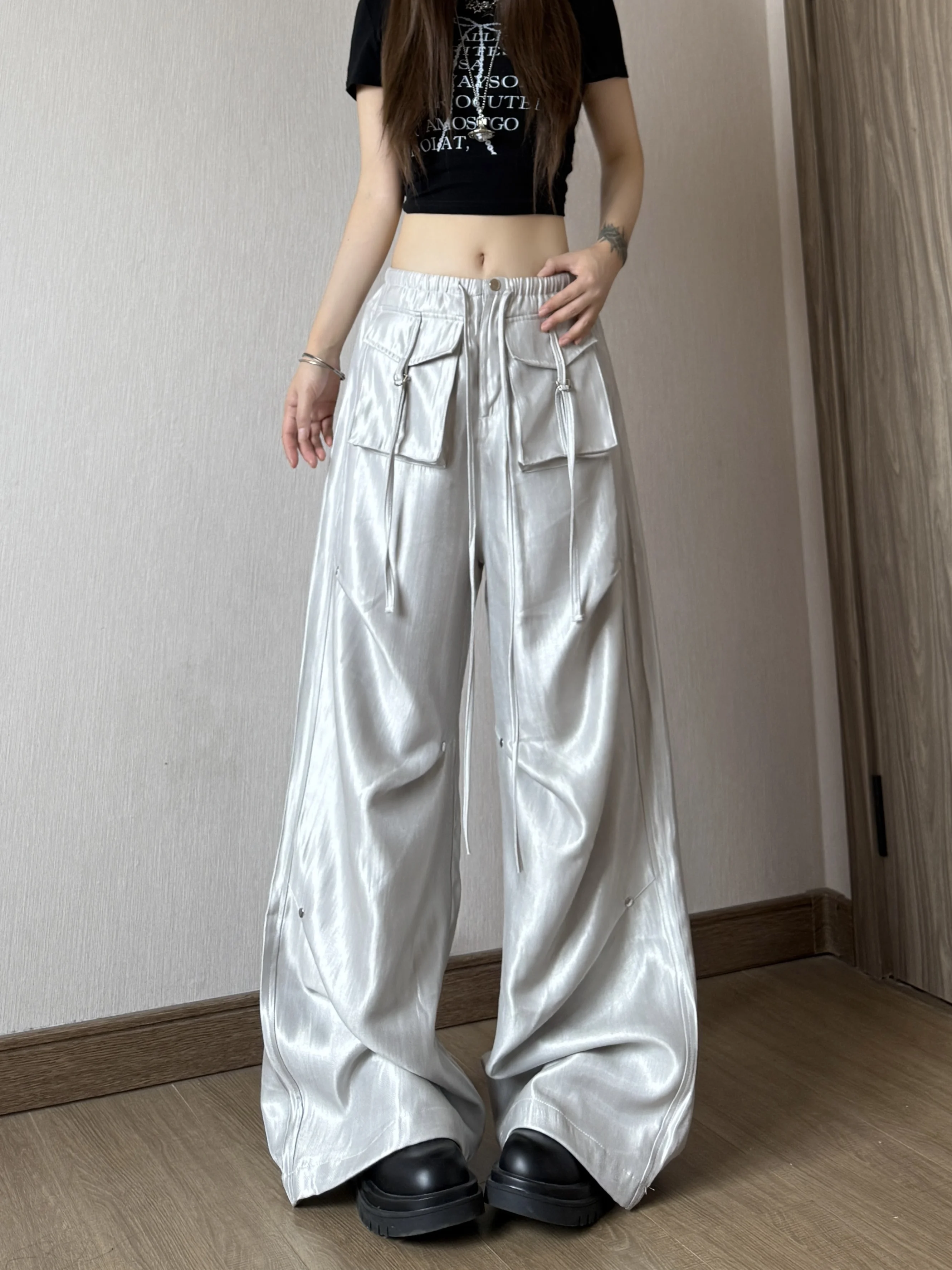 

Женские летние плиссированные широкие брюки с эластичной резинкой на талии и карманами, женская уличная одежда в стиле хип-хоп, свободные прямые брюки полной длины