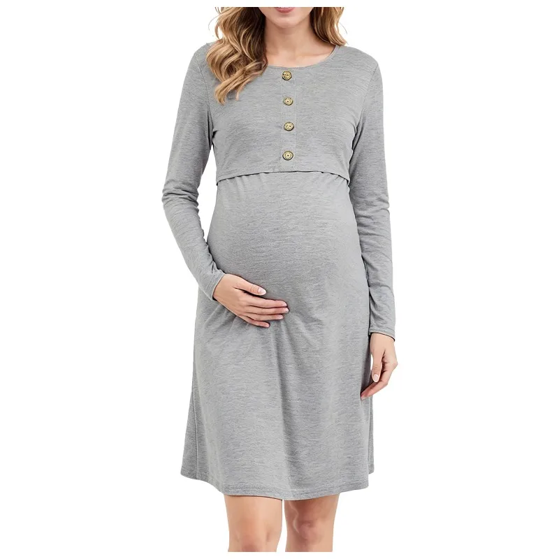 Maternity Button Decor Dress Gray Long Sleeve Casual Wear Dress For Women Maternity Fashion Daily Outfits