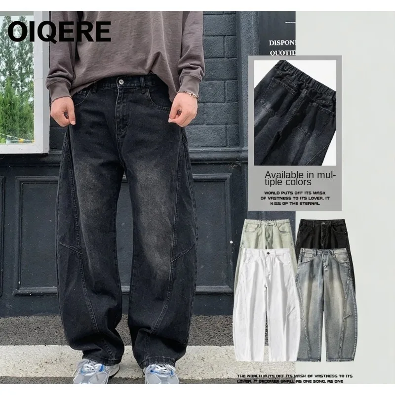 OIQERE Four Seasons New Mens Curved Leg Dirty Wash Denim Pants Vintage Streetwear Casual Long Jeans Fashion Daily Trousers