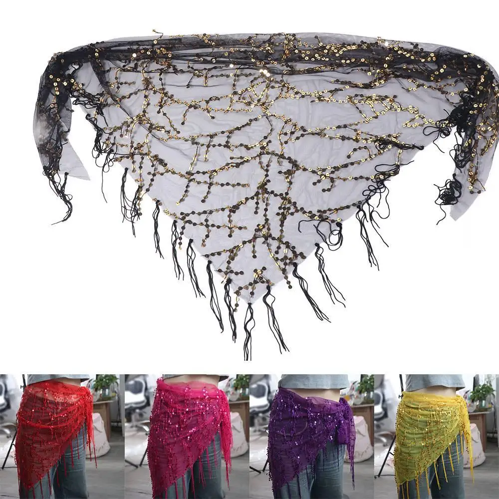Lantejoulas brilhantes dança do ventre hip cachecol borla triangular dança saia cintos elegantes 6 cores feminino correntes de cintura trajes de dança