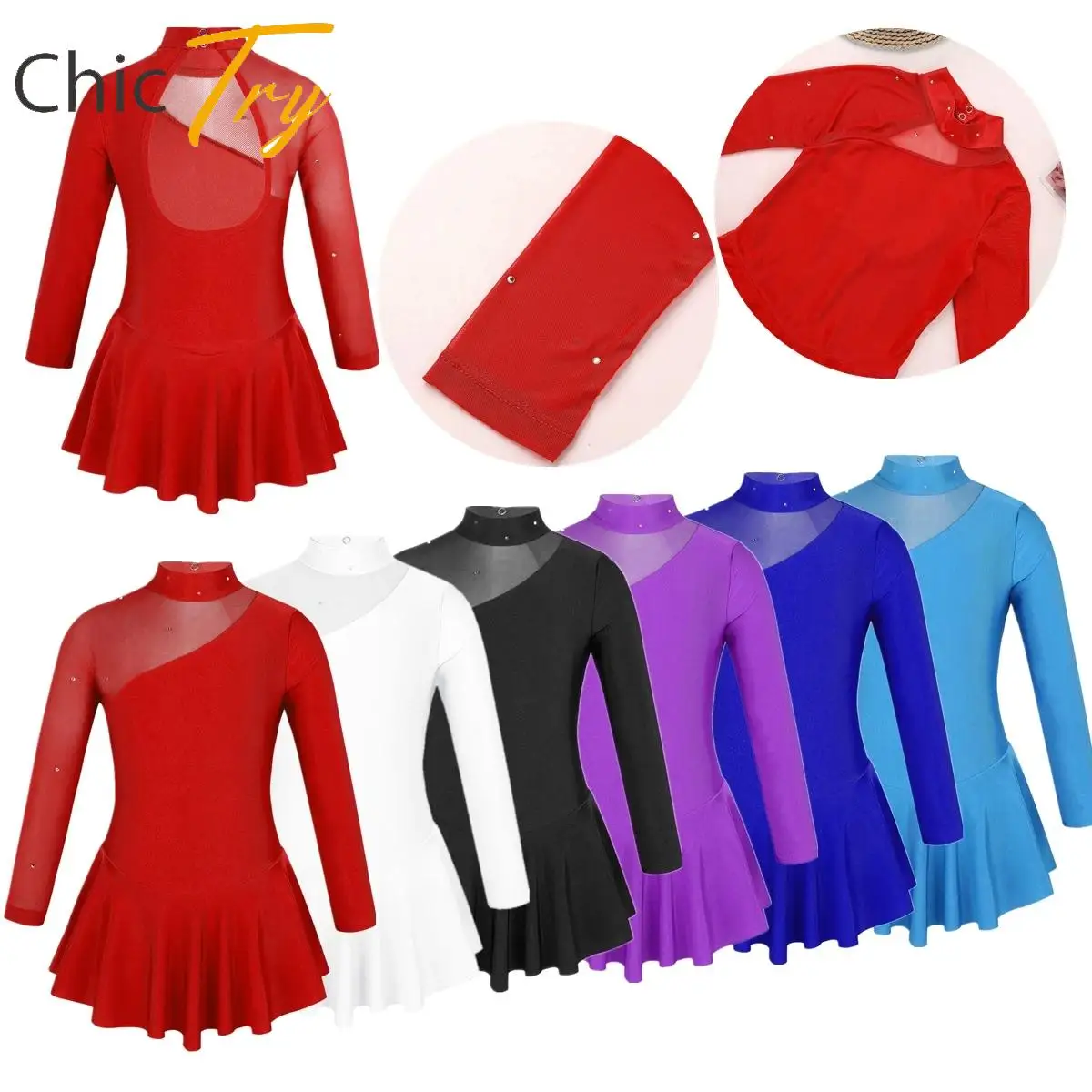 

Kid Girl Figure Ice Skating Leotard Dress Long Sleeves Tulle Splice Cutouts Back Roller Skating Ballet Dance Stage Party Costume