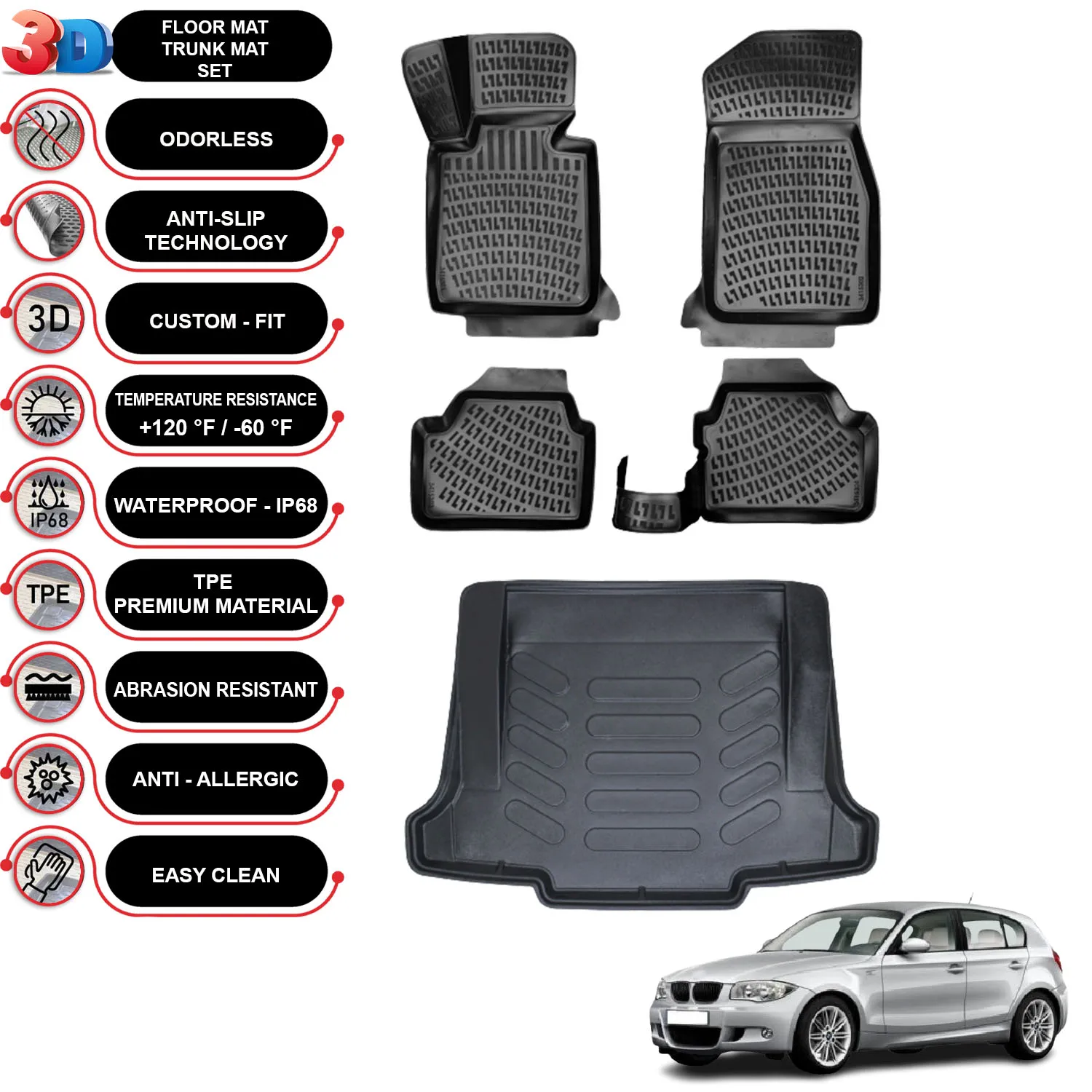 BMW 1 E87 - (2004-2010) - Floor Mats + Cargo Trunk Liner - SET - (Black)