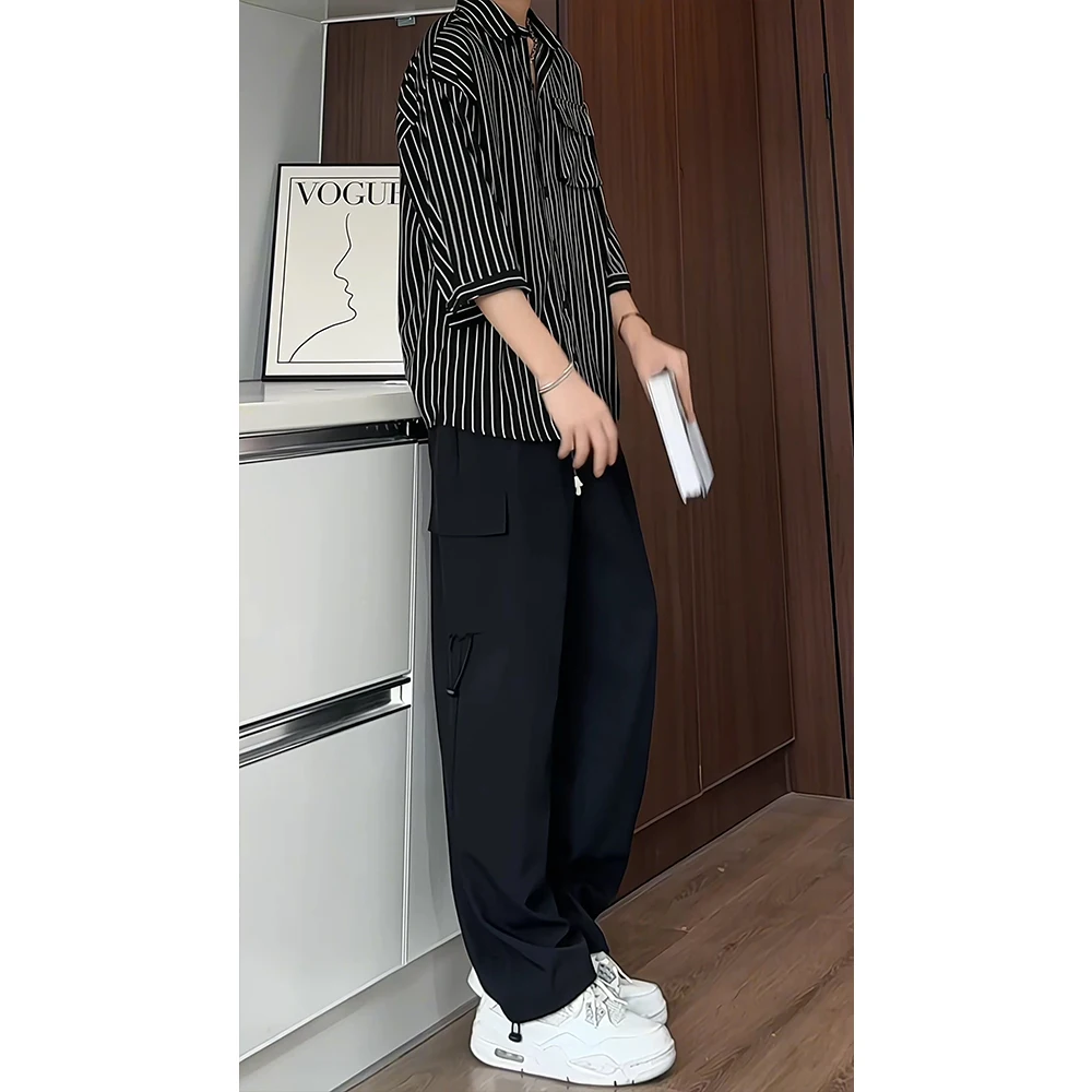 

Bla Stripe Ice Silk ort Sve irt Мужская летняя тонкая драпированная свободная верхняя эластичная дышащая молодежная футболка пяти четвертей Sve irt...