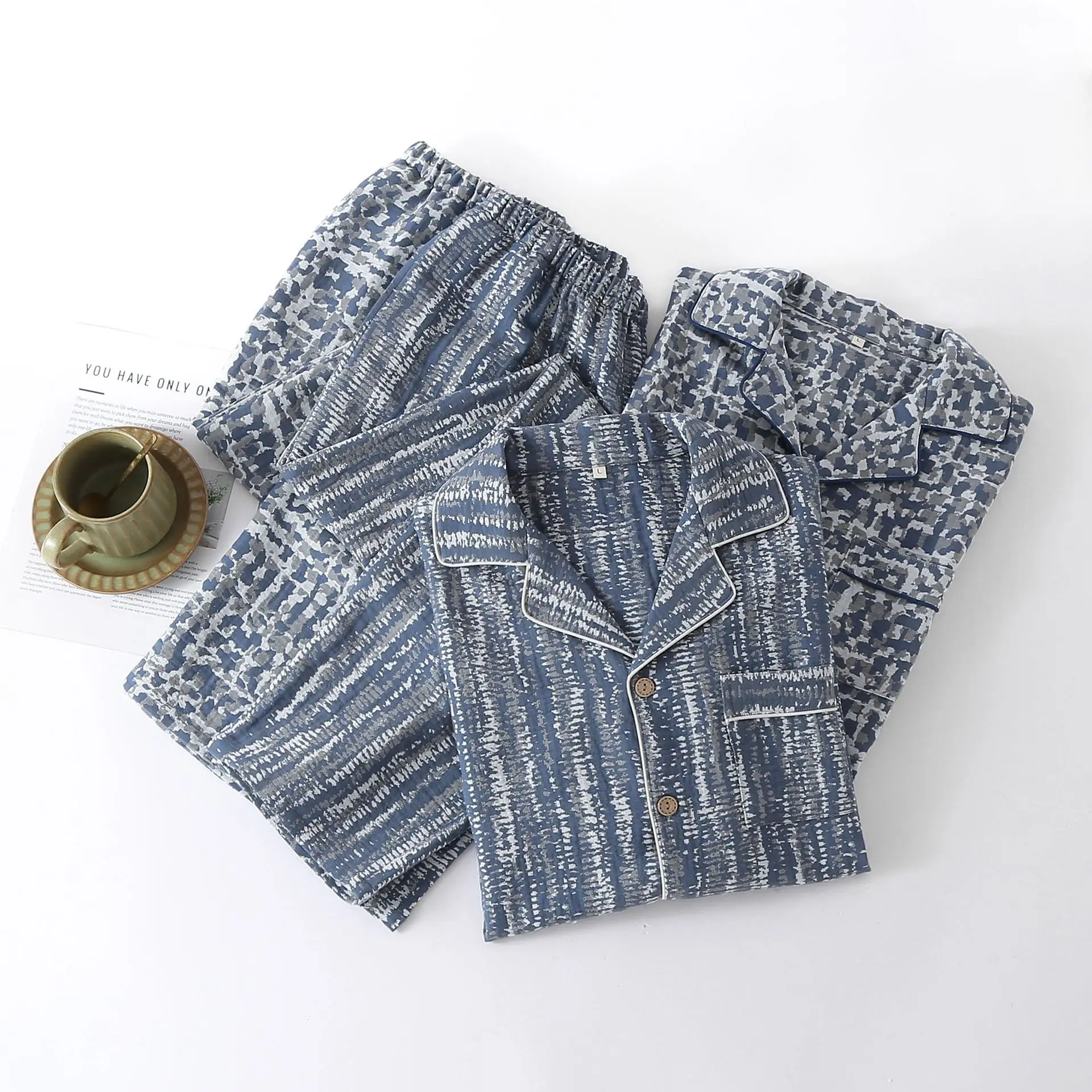 Simple Summer Cotton Double-layer Gauze Men's Pajamas Thin Short-sleeved Trousers Loose Loungewear Loose Casual Home Wear